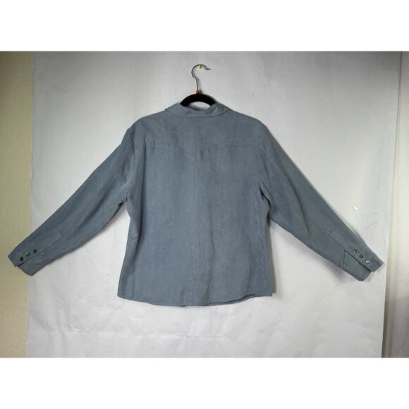 Rod's Womens Large Western Pearl Snap Shirt FLORAL Blue Microsuede Faux Suede LS - Picture 4 of 12